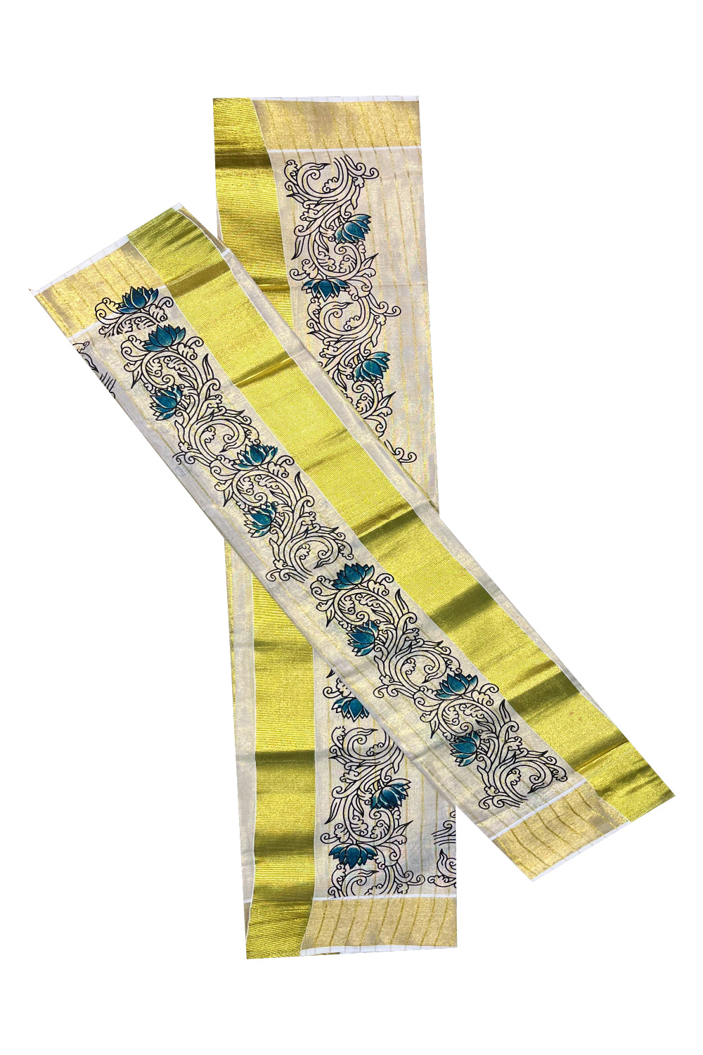 Kerala Tissue Single Set Mundu (Mundum Neriyathum) with Green Lotus Block Printed Design 2.80Mtr