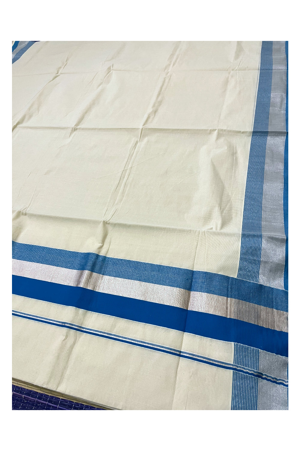 Kerala Pure Cotton Plain Saree with Silver Kasavu and Blue Border (Onam Saree 2023)