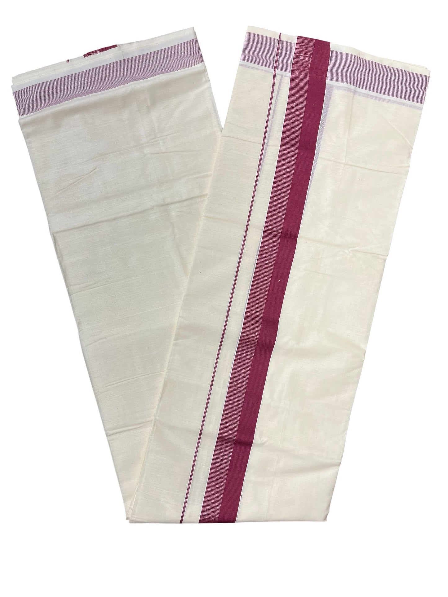 Southloom Kerala Pure Cotton Double Mundu with Silver Lines & Purple Border (South Indian Dhoti)