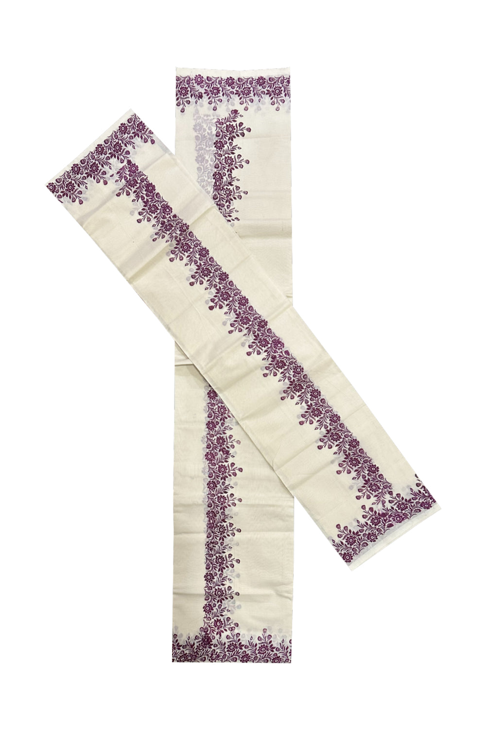 Kerala Cotton Set Mundu (Mundum Neriyathum) with Purple Floral Block Printed Border (Onam Set Mundu 2023)