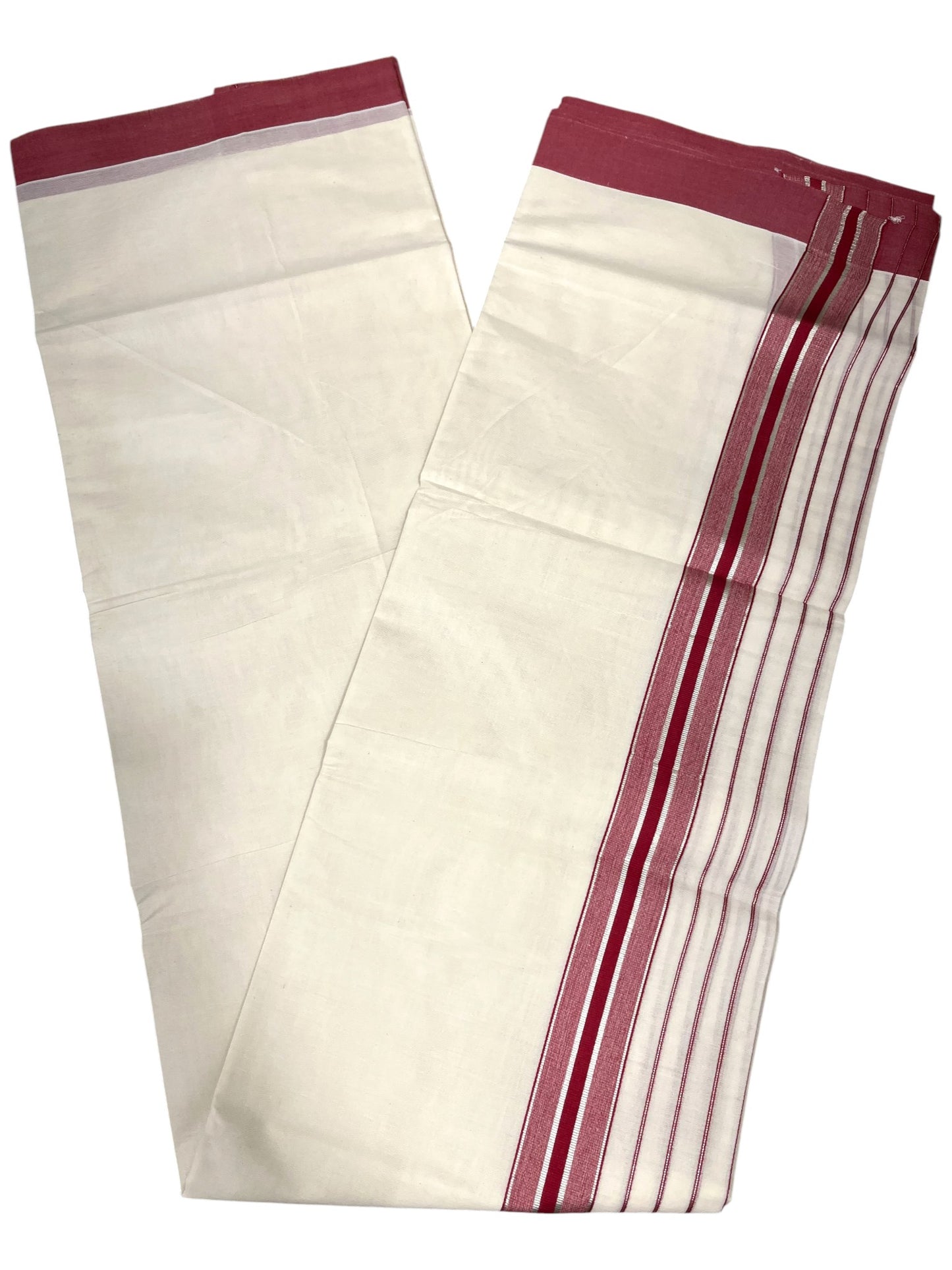 Southloom Kerala Pure Cotton Double Mundu with Maroon And Silver Lines Border (South Indian Dhoti)