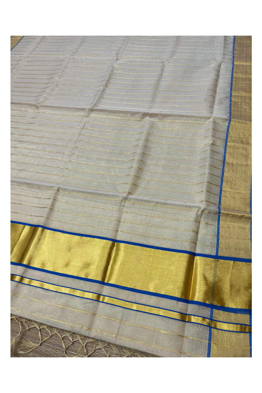 Southloom Premium Balaramapuram Handloom Tissue Kasavu Lines Design Kerala Saree with Blue Border