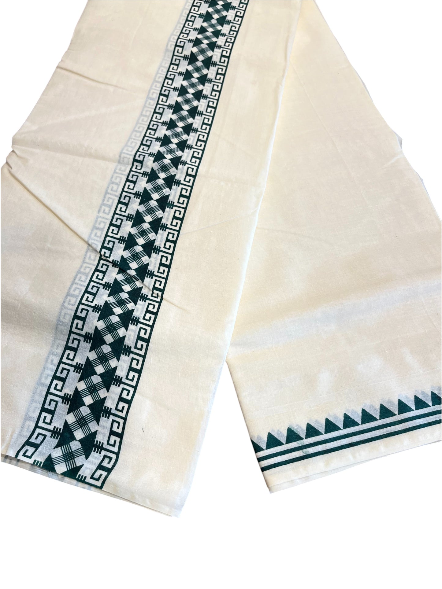Southloom Pure Cotton Double Mundu with Block Prints on Dark Green Kara (South Indian Kerala Dhoti)
