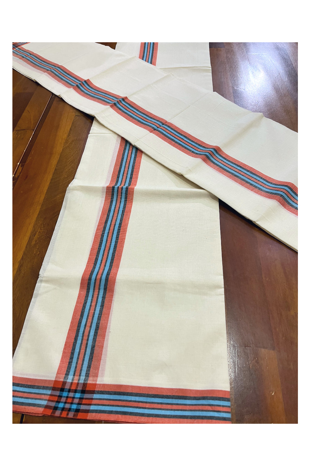 Kerala Cotton Mulloth Mundum Neriyathum Single (Set Mundu) with Orange Blue Border (Extra Soft Cotton) 2.80 Mtrs