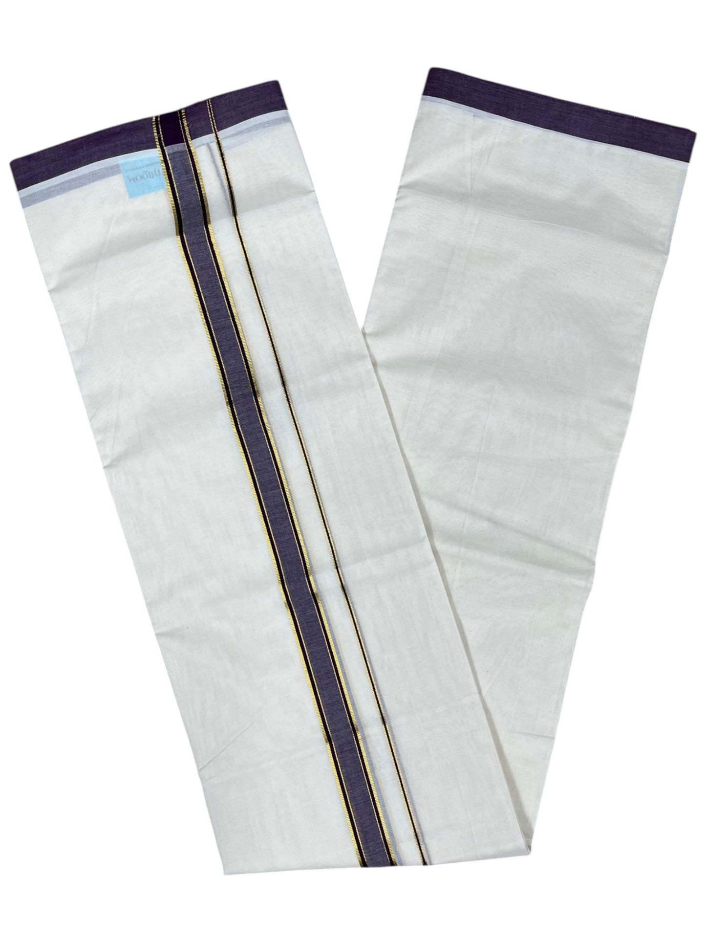 Southloom Pure Cotton Mundu with Gold Lines and purple Border (South Indian Kerala Dhoti)