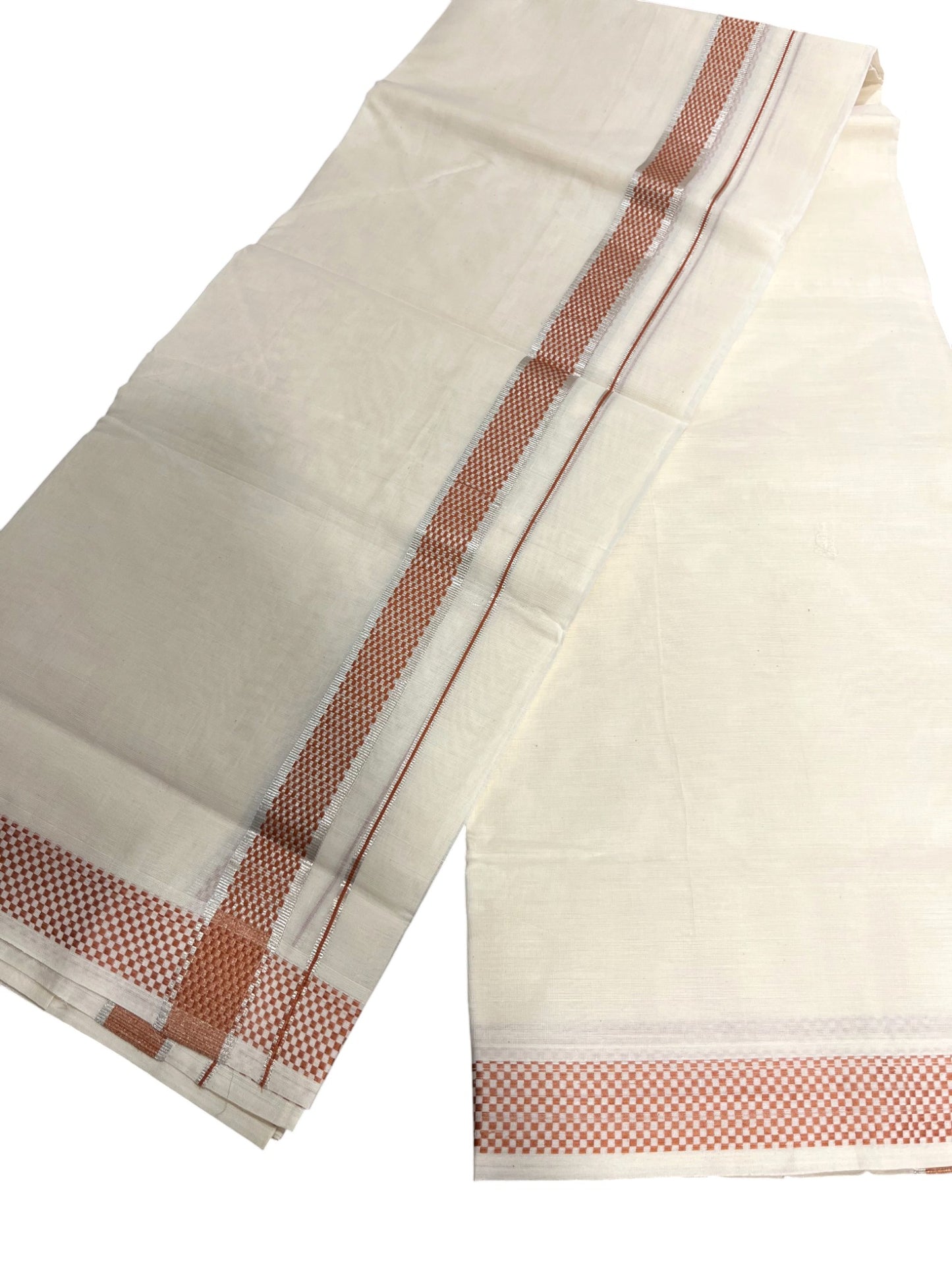 Southloom Kerala Pure Cotton Double Mundu with Silver Lines & Orange Border (South Indian Dhoti)