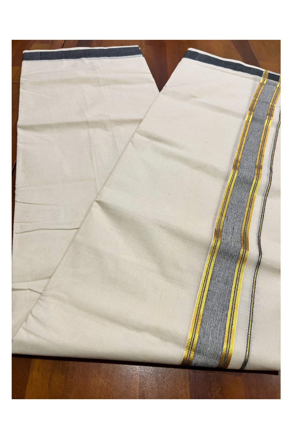 Kerala Pure Cotton Double Mundu with Black and Kasavu Border (South Indian Kerala Dhoti)