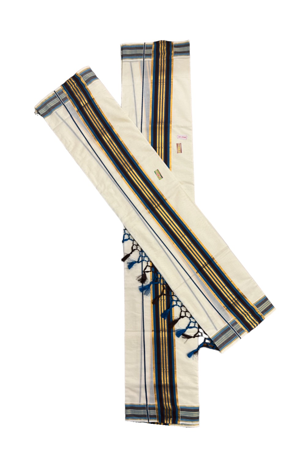 Cotton Kerala Kasavu Set Mundu (Mundum Neriyathum) with Brown Blue Border and Tassels 2.80 Mtrs