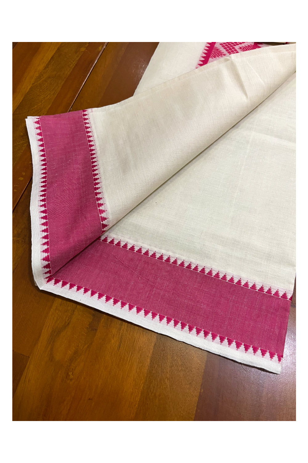 Kerala Cotton Single Set Mundu (Mundum Neriyathum) with Pink Woven Designs on Border - 2.80Mtrs