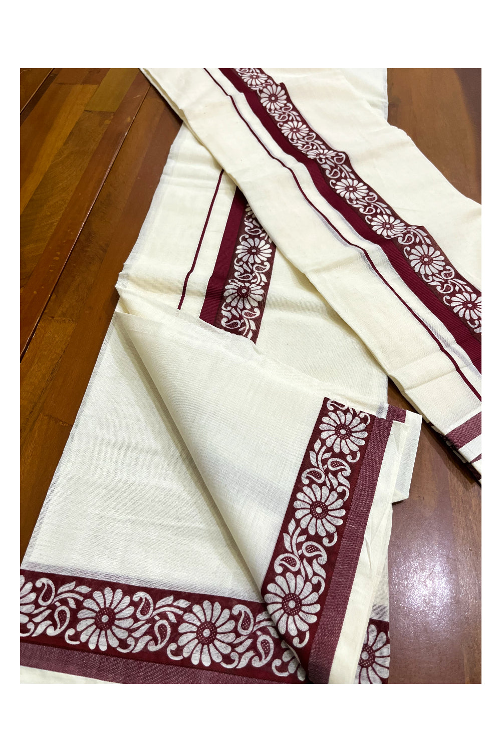 Kerala Cotton Kasavu Single Set Mundu (Mundum Neriyathum) with Maroon Kara and  Block prints (Onam 2024 Collection)