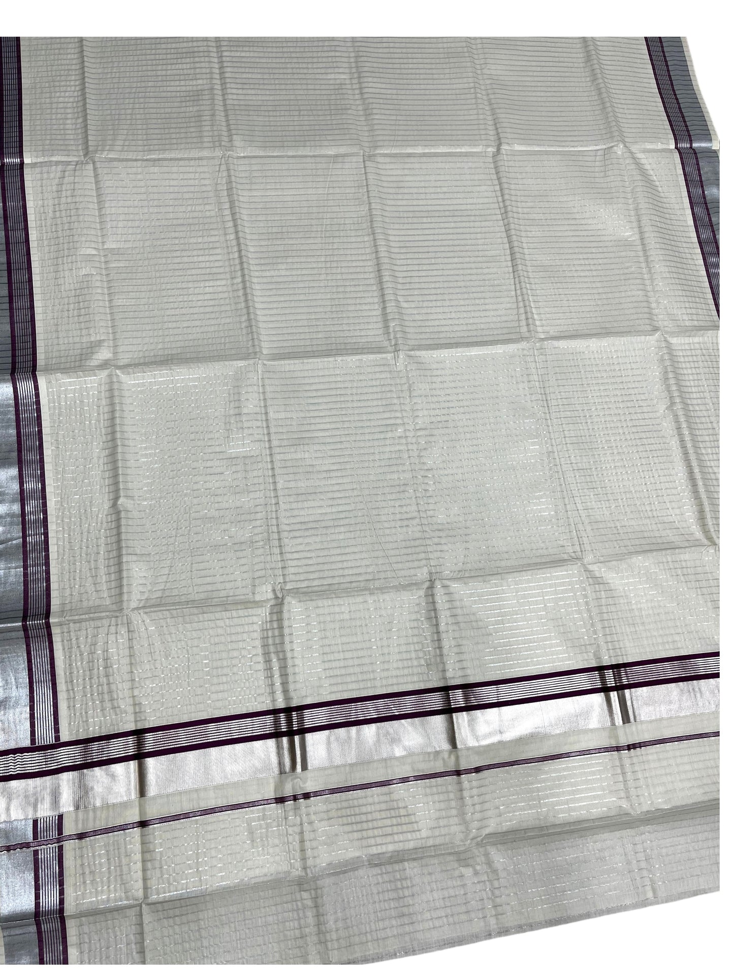 Southloom Pure Cotton Kerala Silver Kasavu Lines Saree with Purple and Silver Border