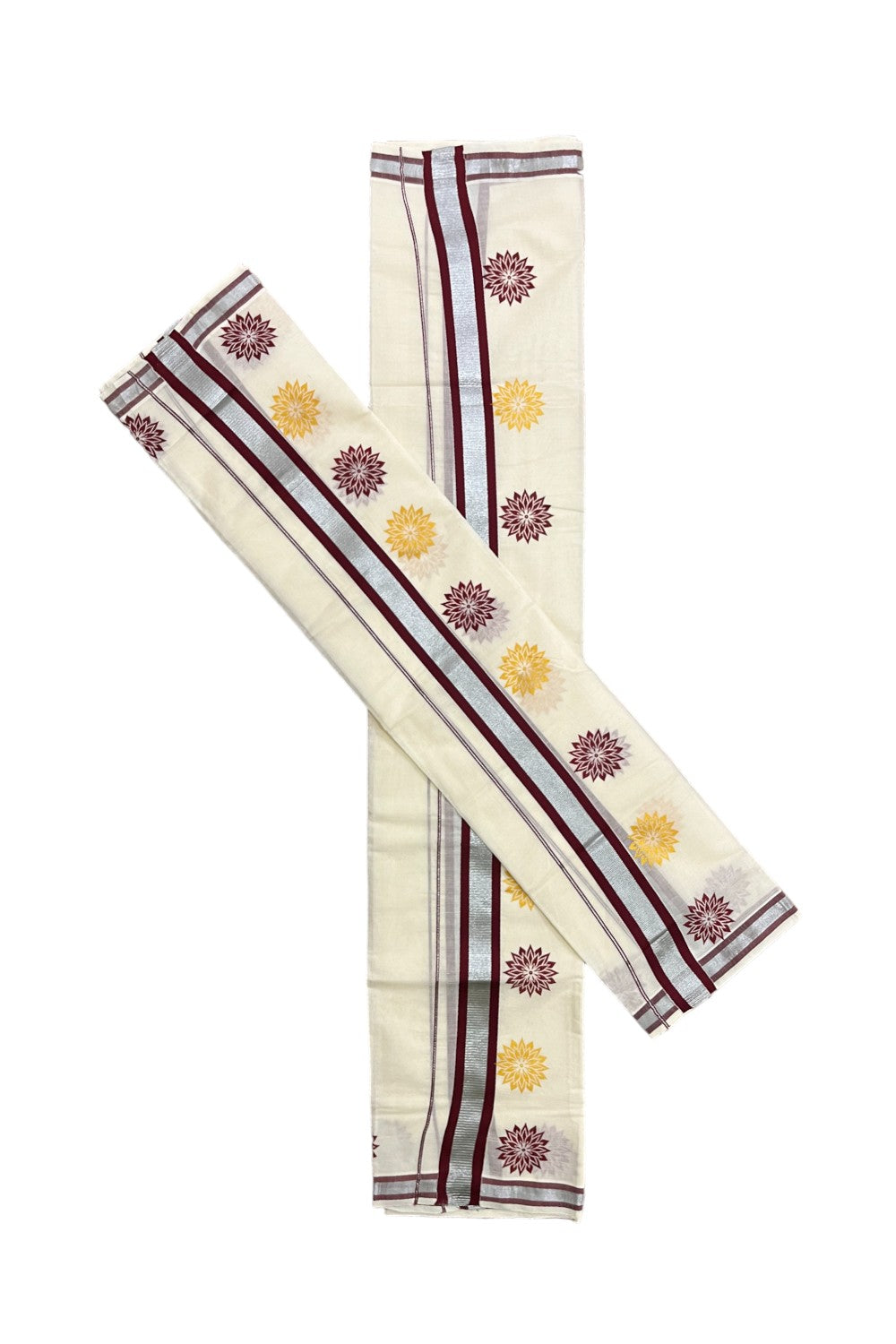 Kerala Cotton Mundum Neriyathum Single (Set Mundu) with Maroon Golden Floral Block Prints in Maroon Silver Kasavu Border