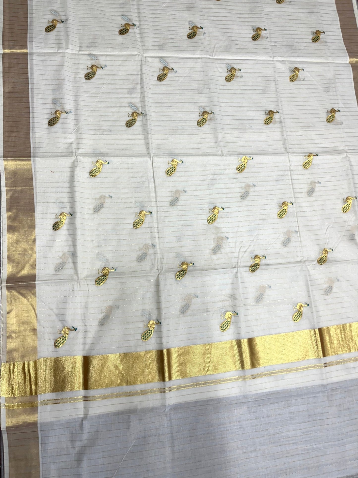 Southloom Cotton Kerala Kasavu Lines Saree with Peacock Embroidery Work on Body in Peacock Green
