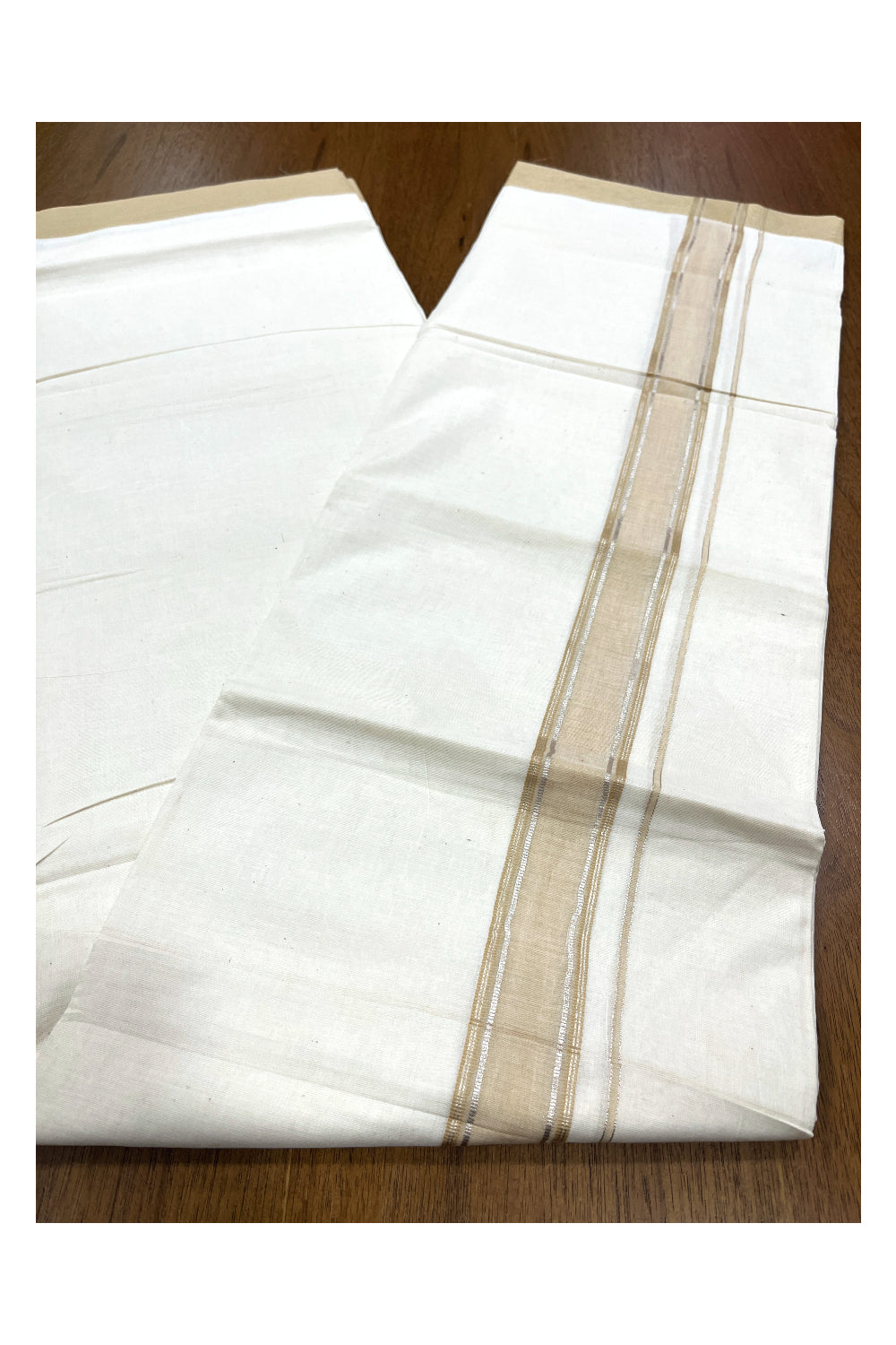 Pure Cotton Double Mundu with Silver Kasavu and Beige Border (South Indian Kerala Dhoti)