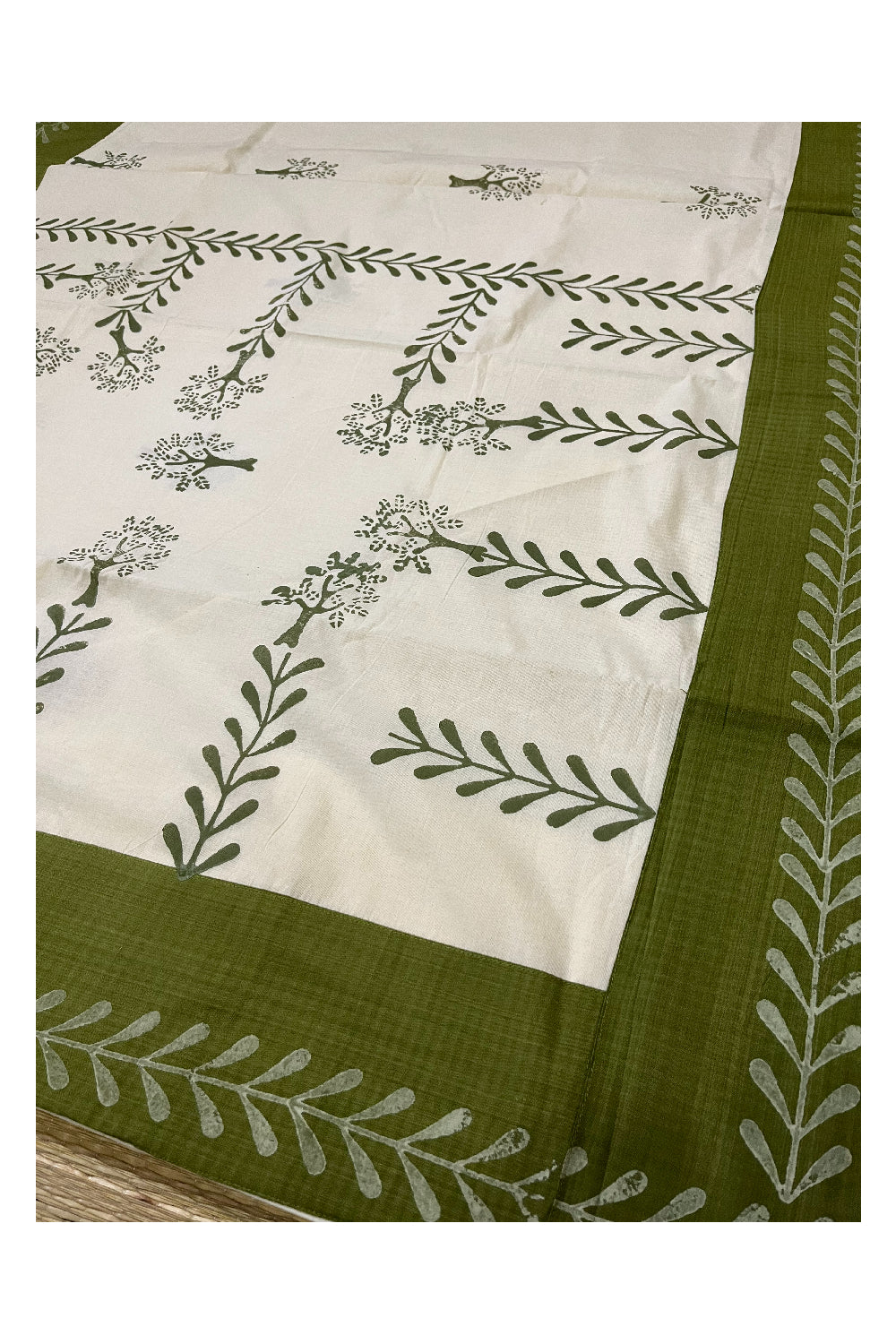 Pure Cotton Onam 2023 Kerala Saree with Hand Block Green Batik Prints