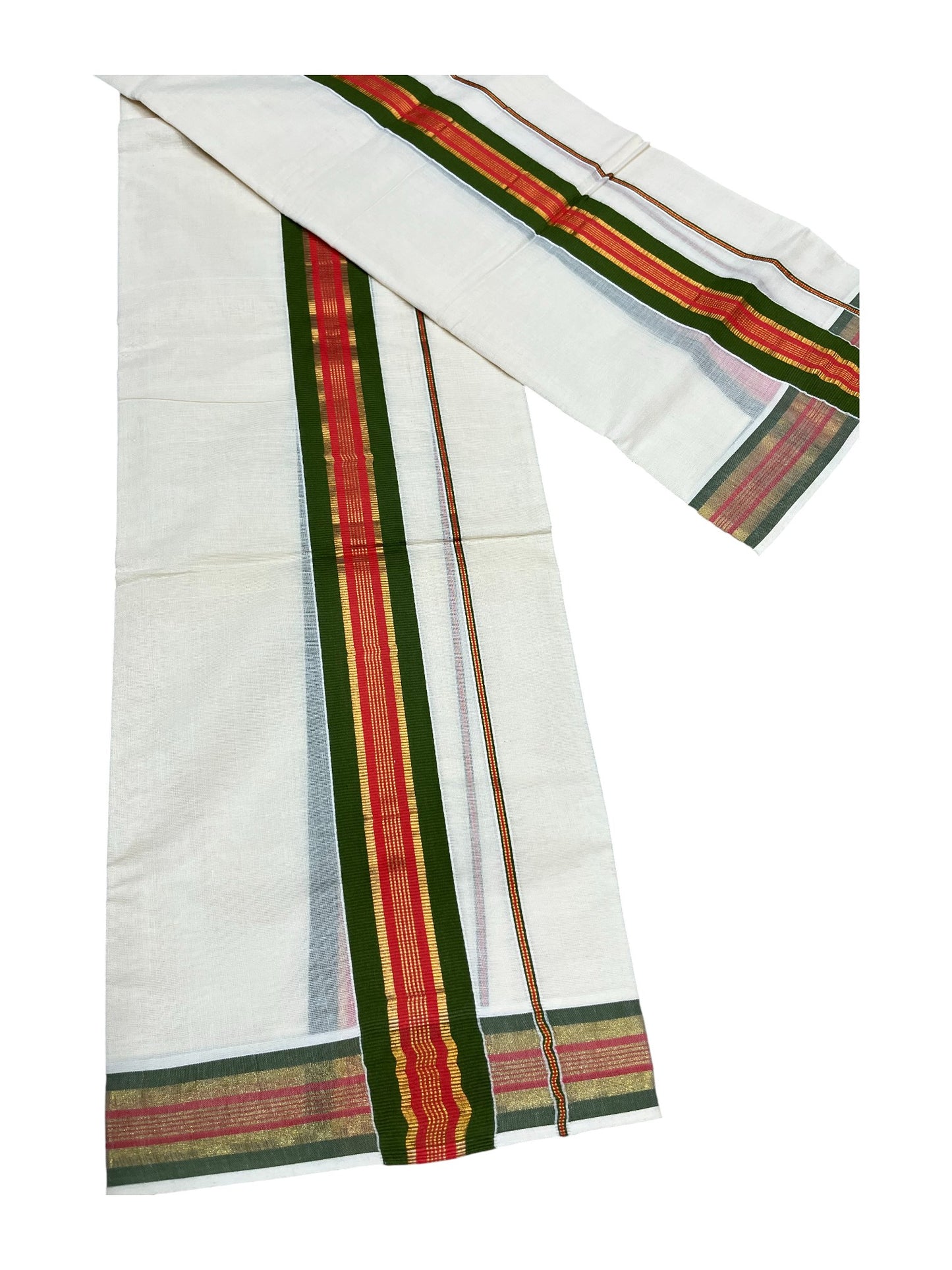 Kerala Cotton Single Set Mundu (Mundum Neriyathum) with Green and Orange Kasavu Border in 2.80 Mtrs