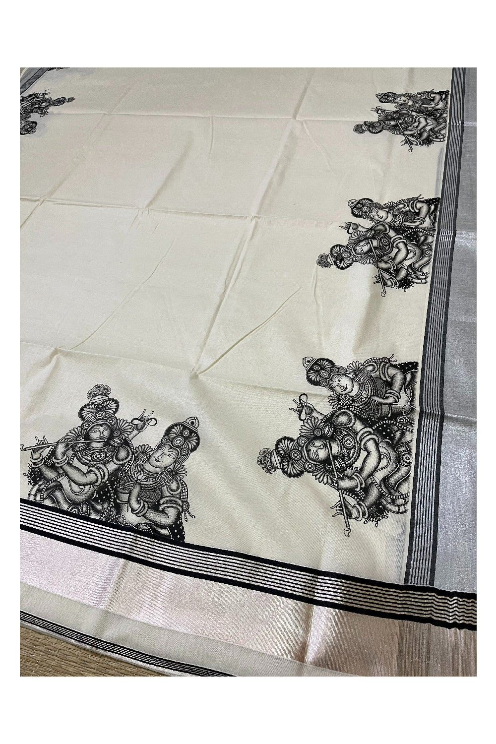 Pure Cotton Kerala Silver Kasavu Saree with Krishna Radha Mural Prints and Black Border (Onam Saree 2023)