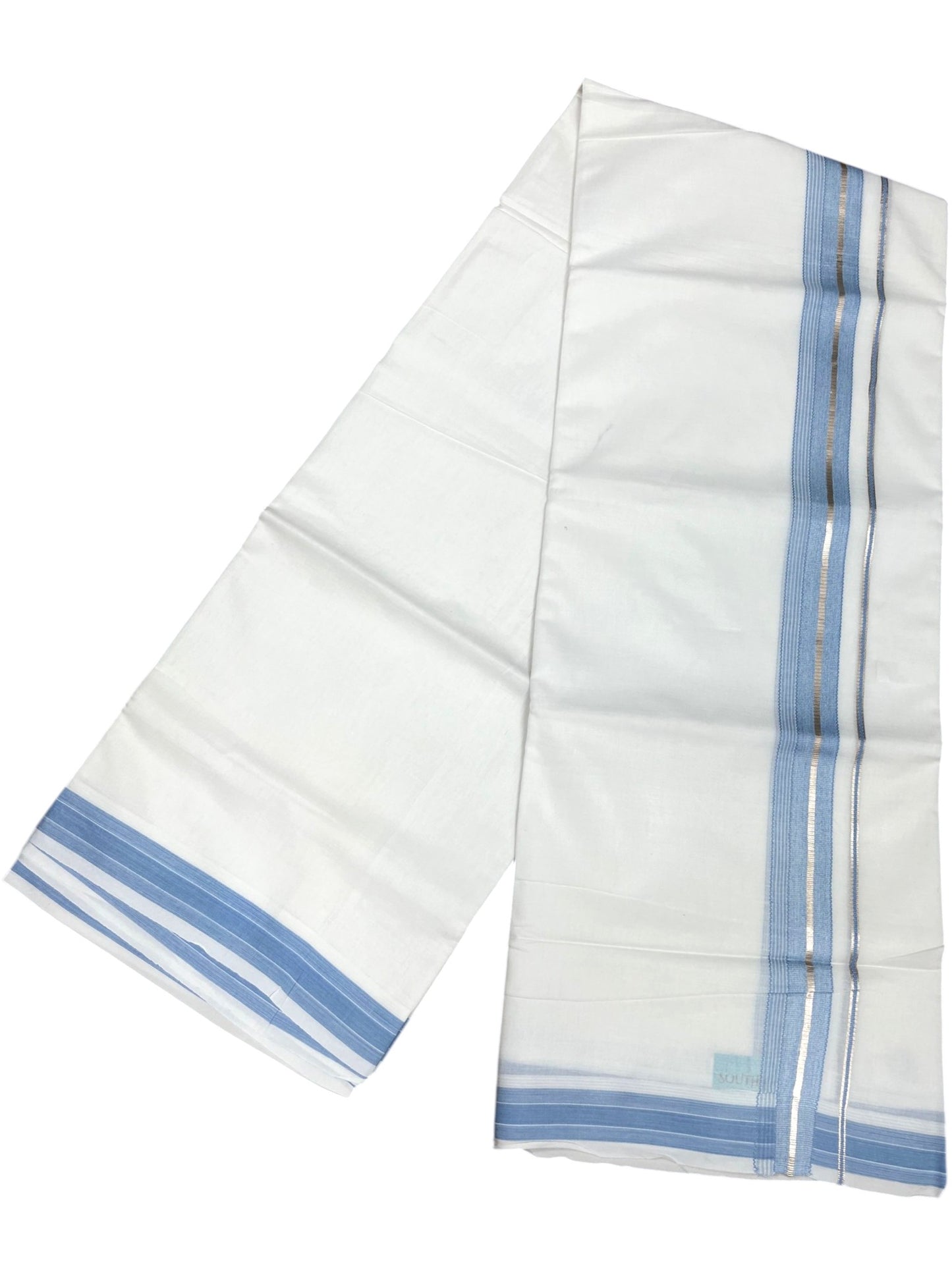 Southloom Kerala Pure White Cotton Double Mundu with Silver Line & Blue Border (South Indian Dhoti)