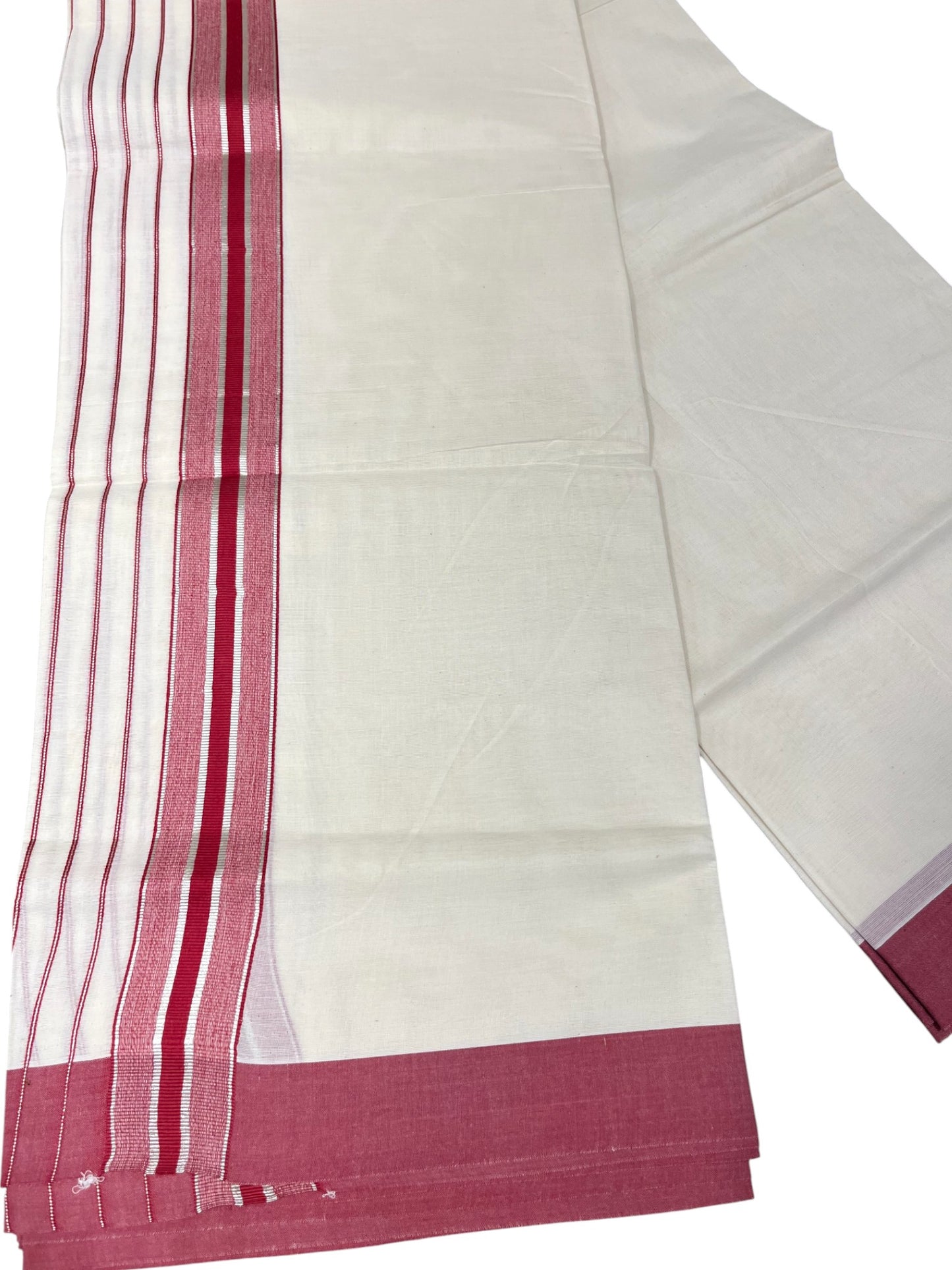 Southloom Kerala Pure Cotton Double Mundu with Maroon And Silver Lines Border (South Indian Dhoti)