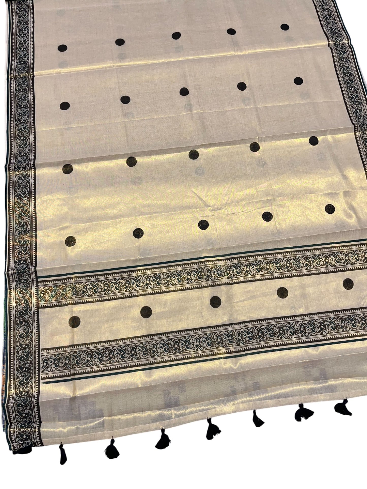 Southloom Kerala Tissue Kasavu Saree With Black Polka Dots on Body