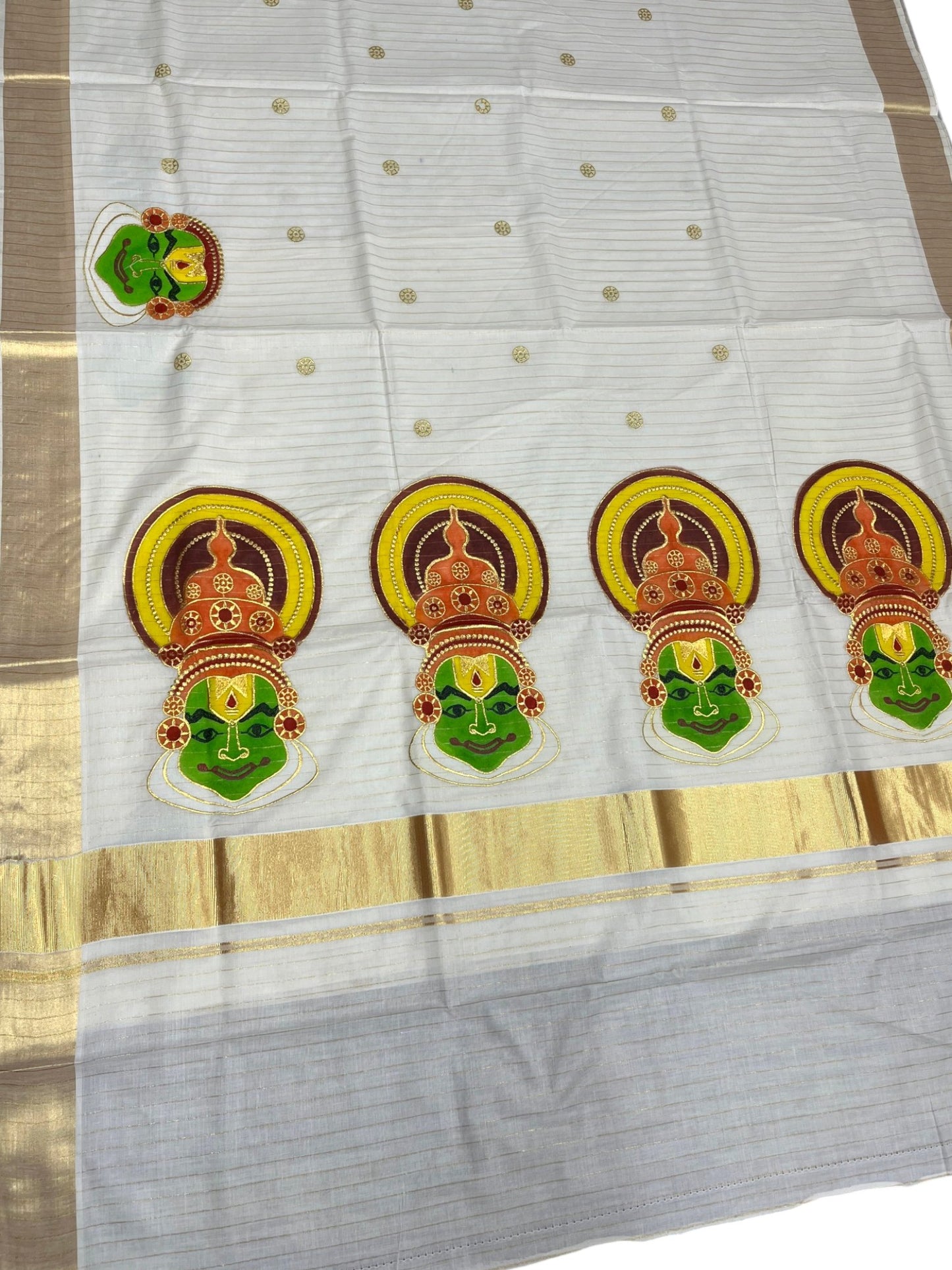 Southloom Kerala Cotton Kasavu Lines Saree with Kathakali Embroidery Design SL339