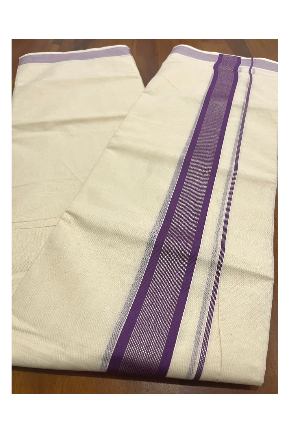 Pure Cotton Double Mundu with Violet and Silver Kasavu Kara (South Indian Kerala Dhoti)