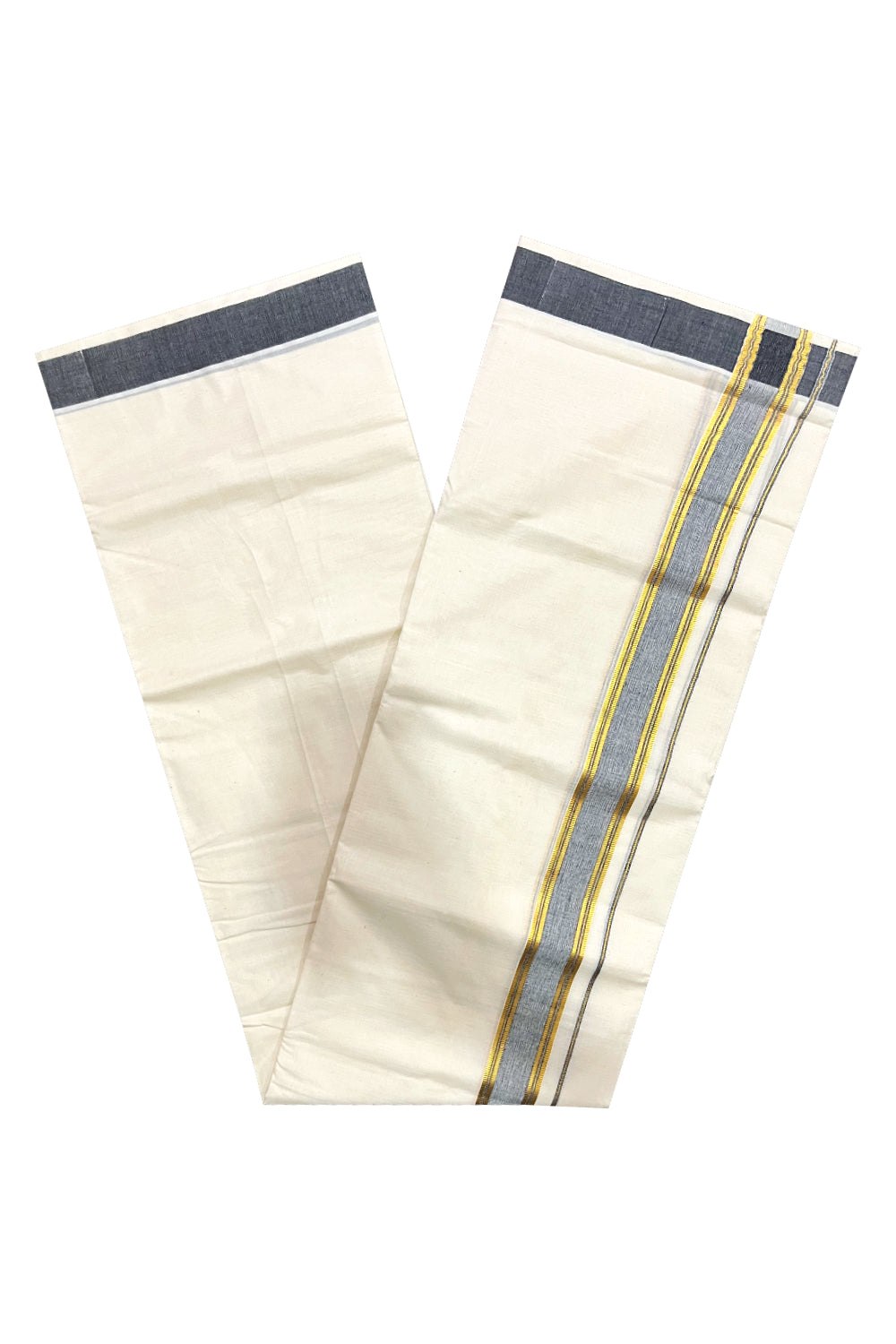 Kerala Pure Cotton Double Mundu with Black and Kasavu Border (South Indian Kerala Dhoti)