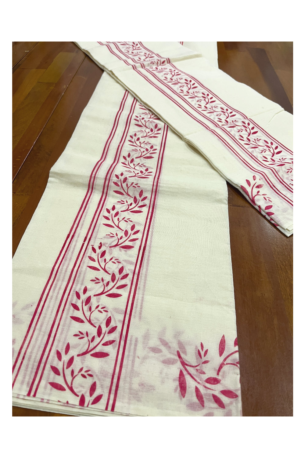 Pure Cotton Kerala Single Set Mundu (Mundum Neriyathum) with Red Block Prints on Border