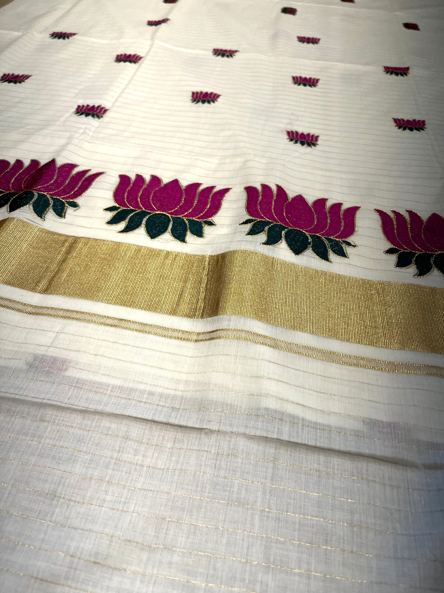 Southloom Kerala Cotton Kasavu Line Saree with Magenta Lotus Embroidery Works