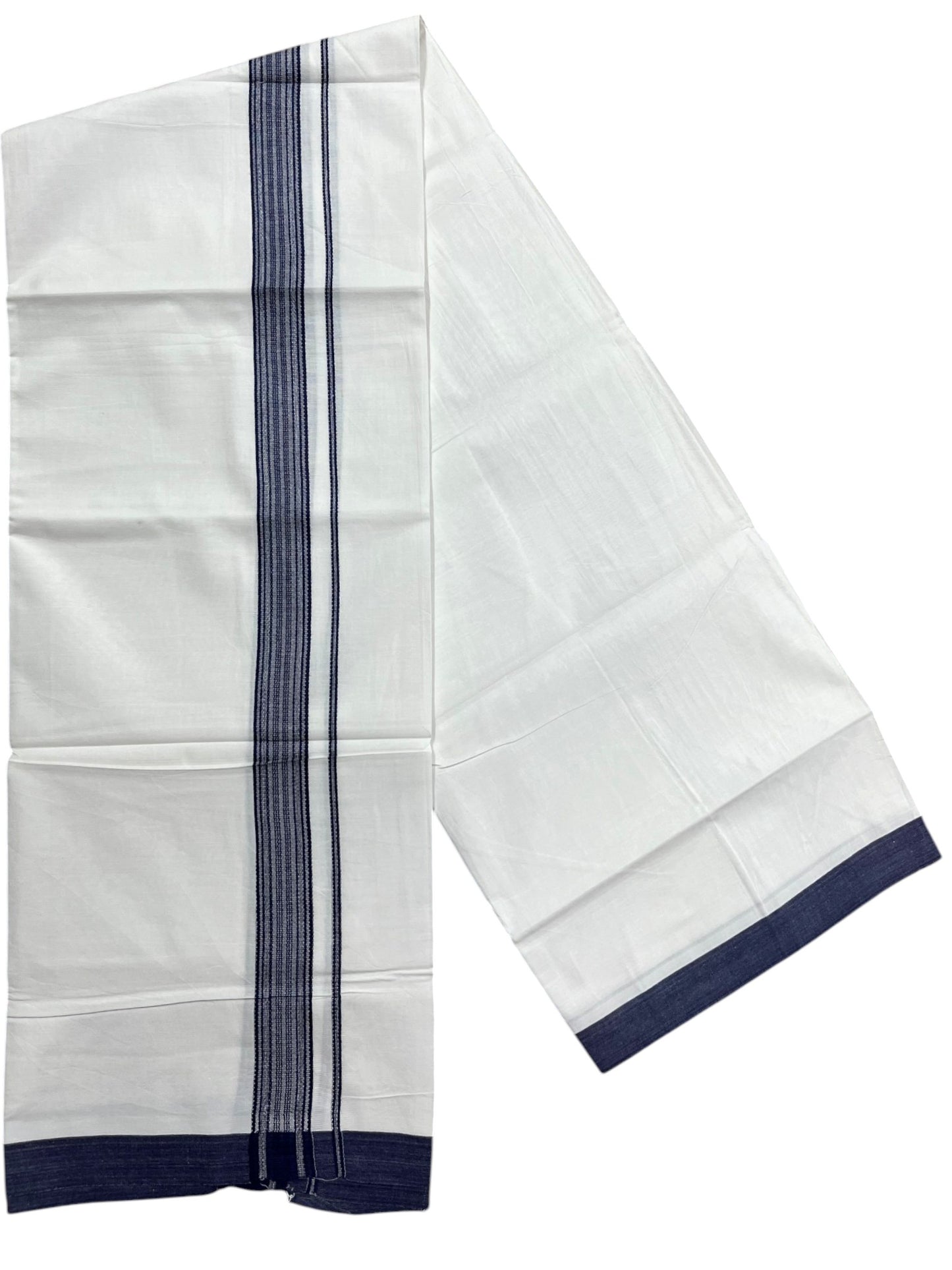 Southloom Pure White Cotton Mundu with Blue Lines Border (South Indian Kerala Dhoti)