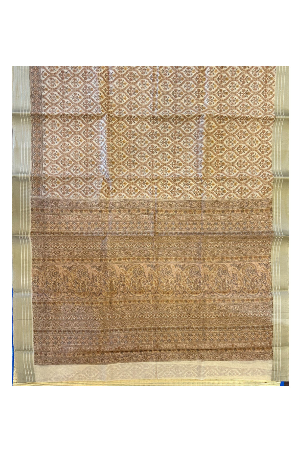 Southloom Chanderi Saree with Orange Floral Prints in Light Brown