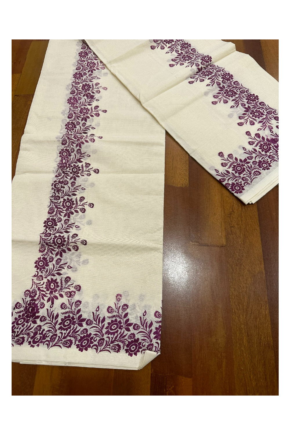 Kerala Cotton Set Mundu (Mundum Neriyathum) with Purple Floral Block Printed Border (Onam Set Mundu 2023)