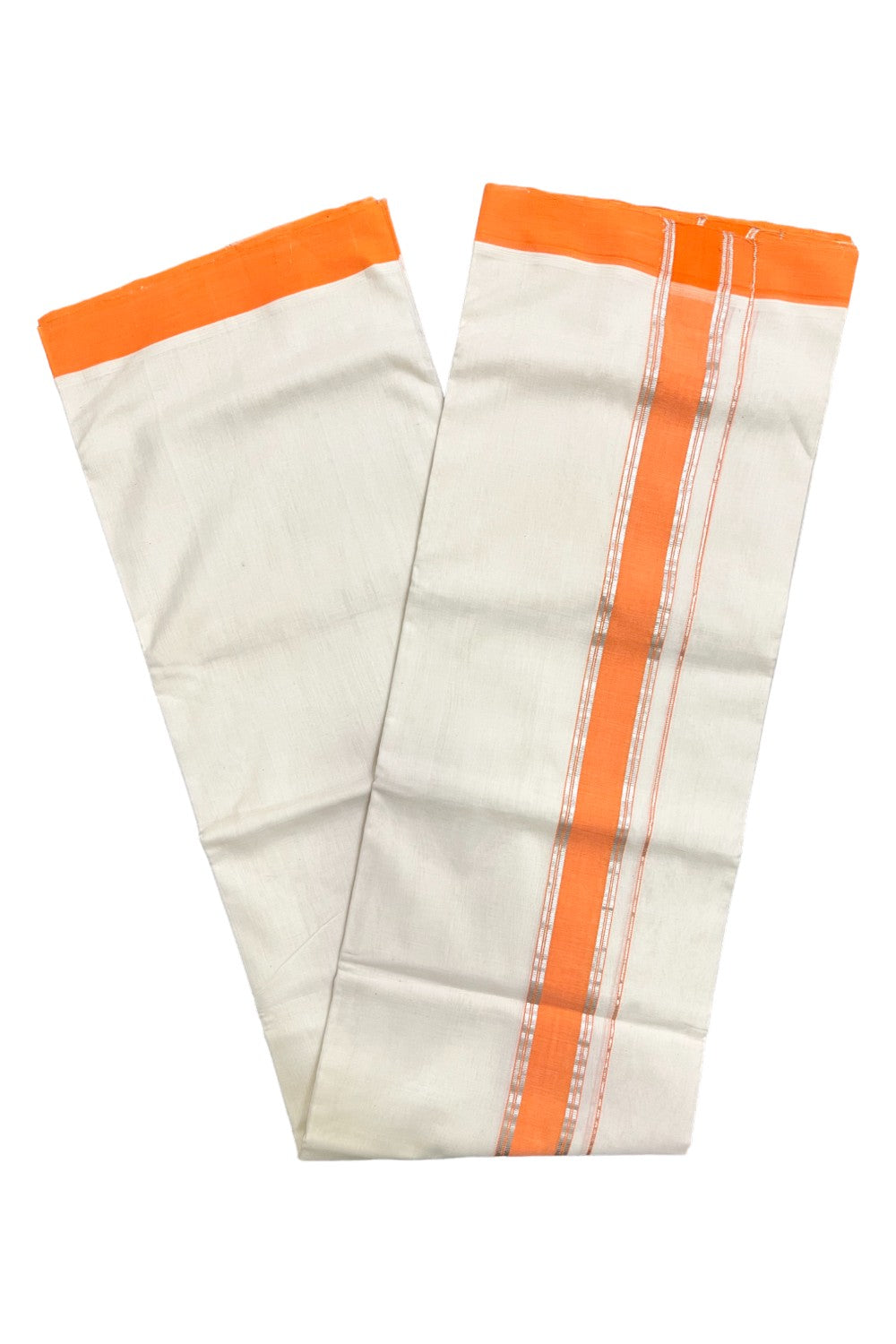 Premium Balaramapuram Handloom Unakkupaavu Cotton Double Mundu with Orange and Silver Kasavu Border (Vishu 2024 Collection)