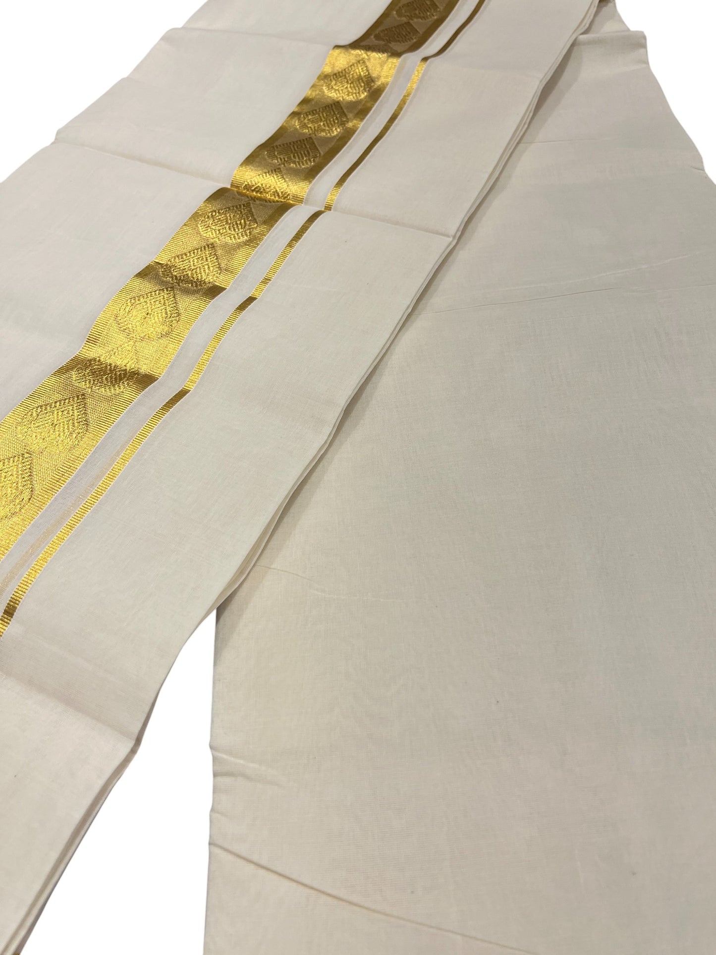 Southloom Premium Handloom Cotton Double Mundu with Gold And Woven Work Kasavu Border