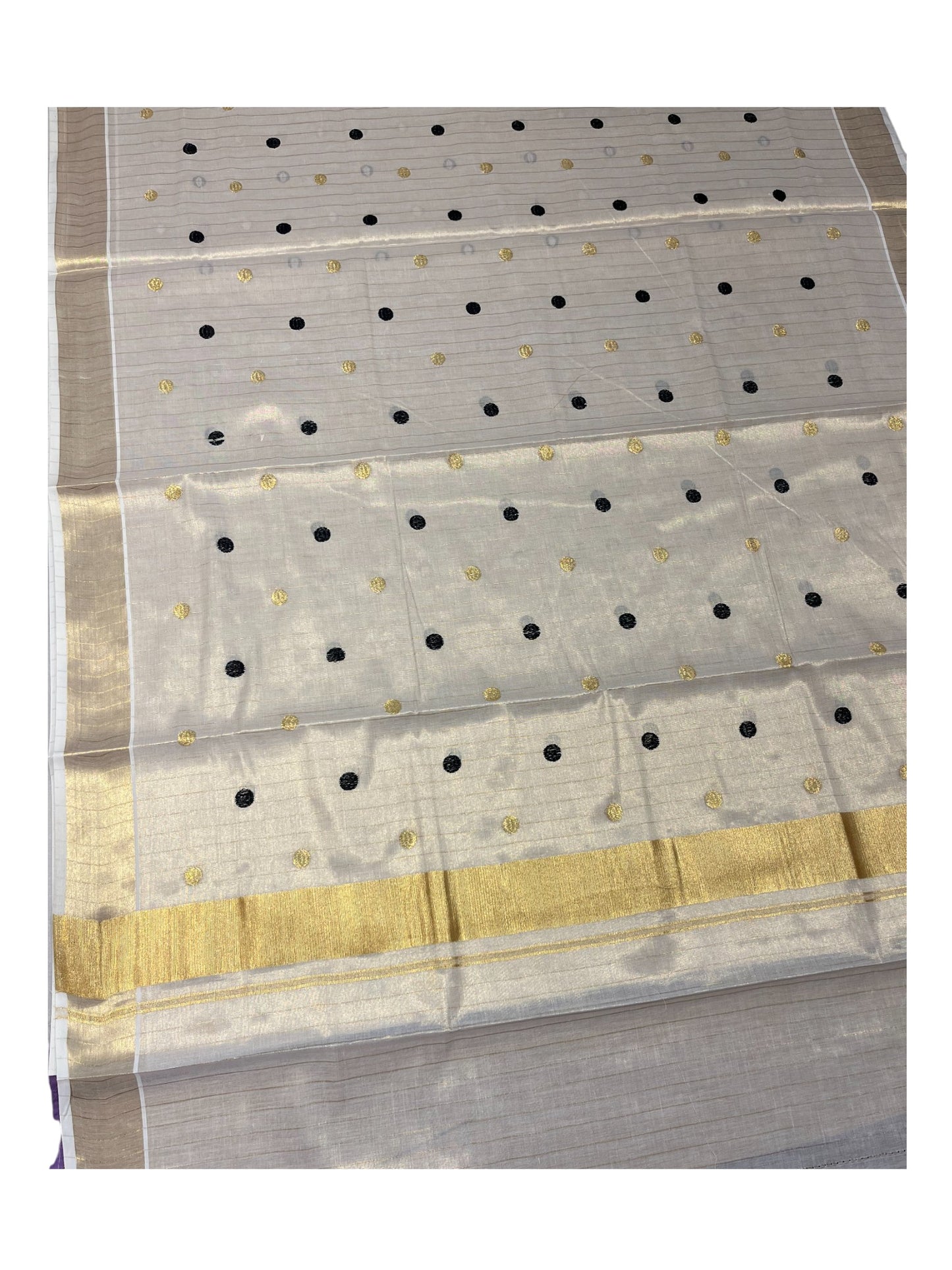 Southloom Kerala Tissue Kasavu Saree with Gold& Black Polka Embroidery Works on Body