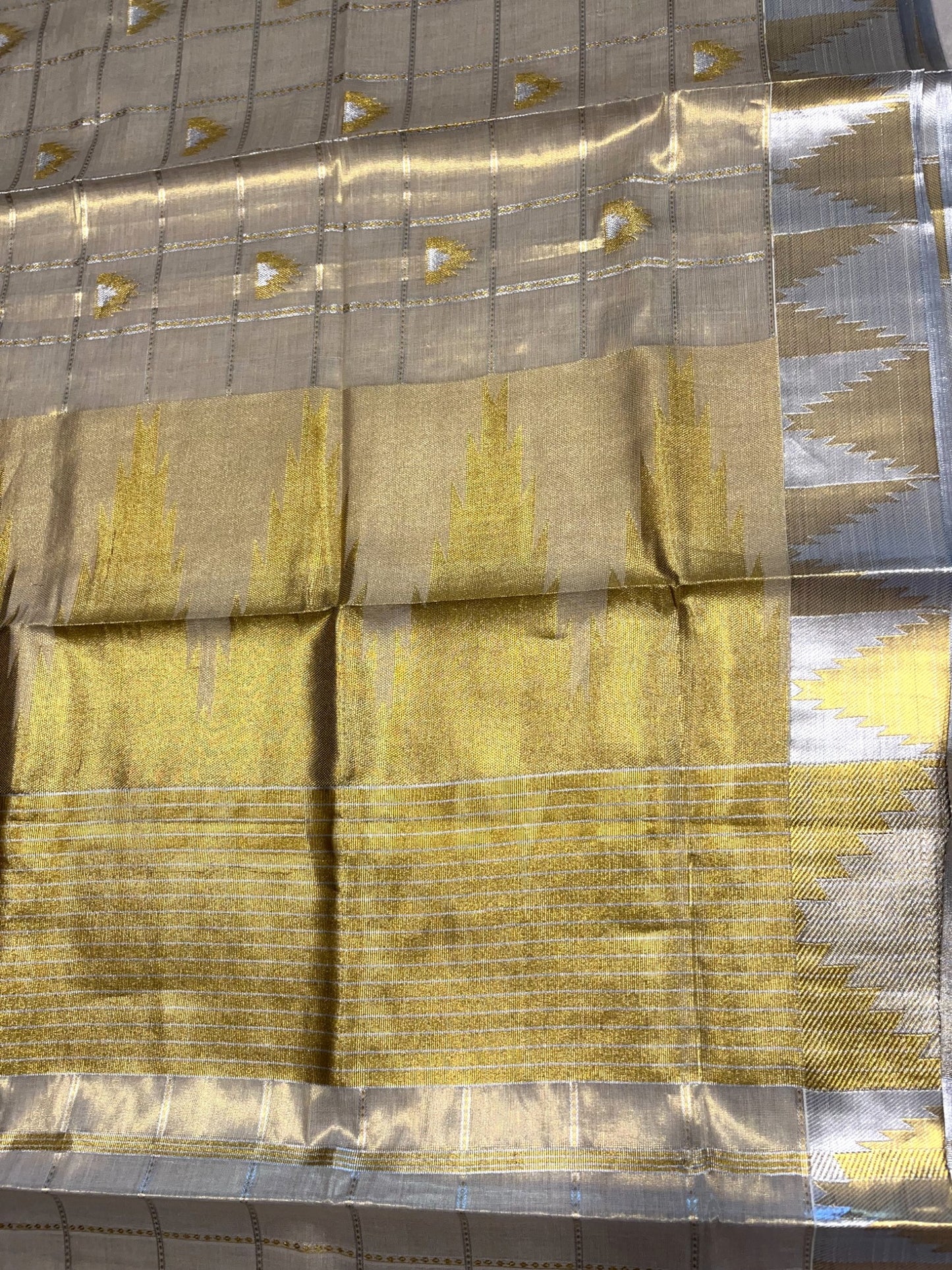 Southloom Kerala Tissue Kasavu Check Saree with Temple Border