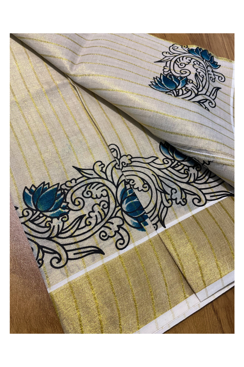 Kerala Tissue Single Set Mundu (Mundum Neriyathum) with Green Lotus Block Printed Design 2.80Mtr