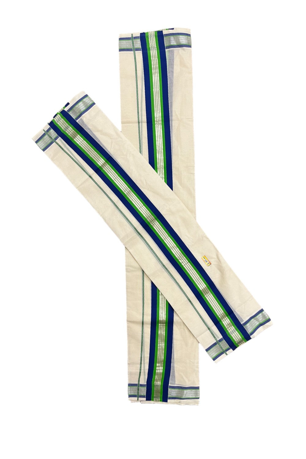 Kerala Cotton Silver Kasavu Set Mundu (Mundum Neriyathum) with Blue and Light Green Border 2.80 Mtrs