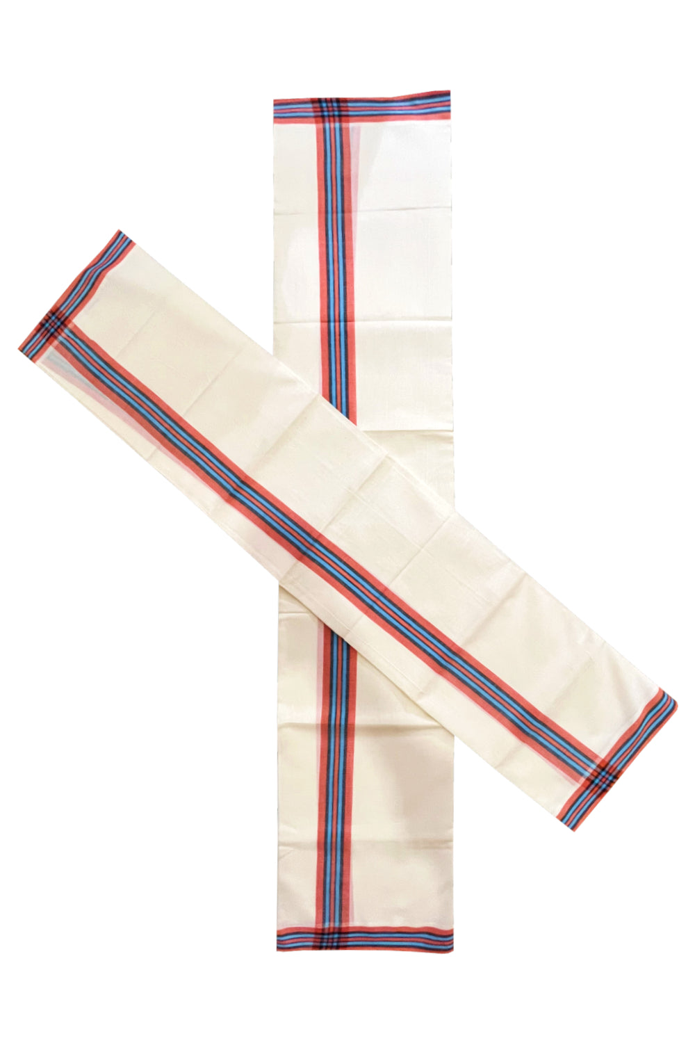 Kerala Cotton Mulloth Mundum Neriyathum Single (Set Mundu) with Orange Blue Border (Extra Soft Cotton) 2.80 Mtrs