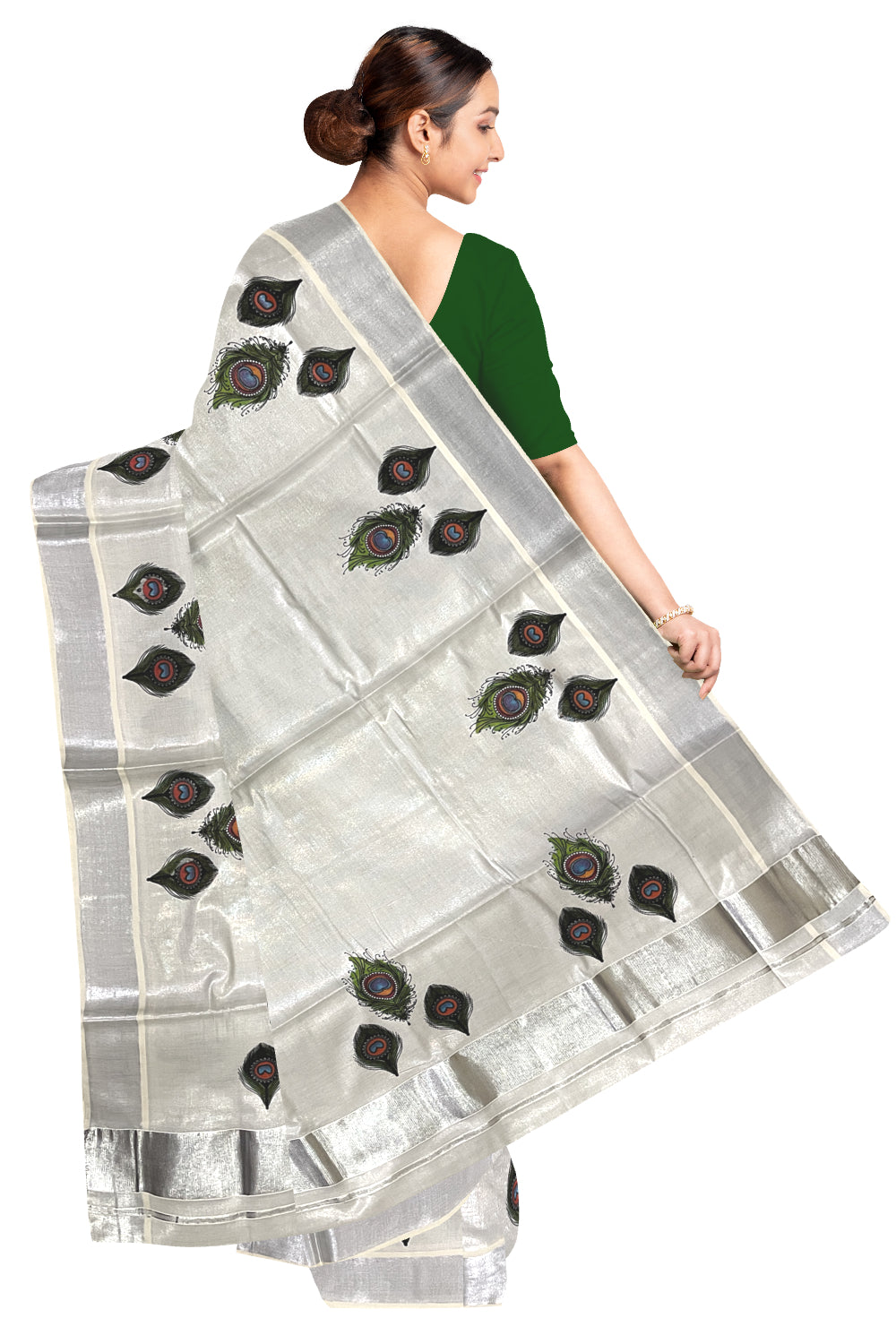 Kerala Silver Tissue Kasavu Saree with Feather Mural Printed Design