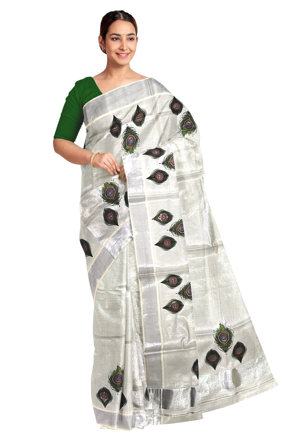 Kerala Silver Tissue Kasavu Saree with Feather Mural Printed Design