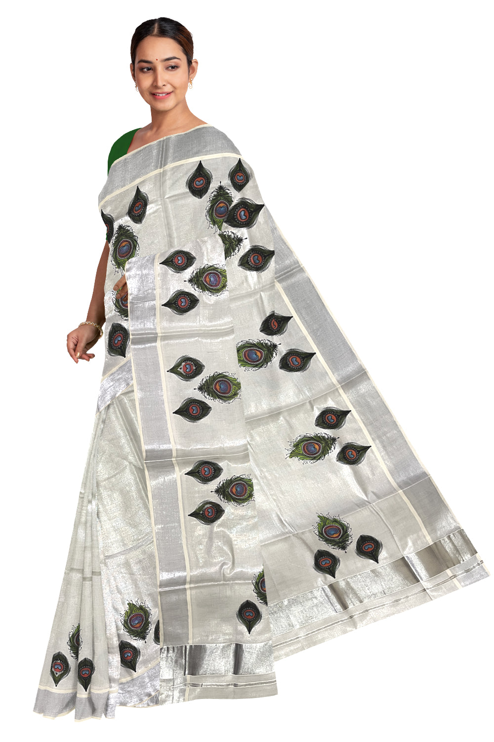 Kerala Silver Tissue Kasavu Saree with Feather Mural Printed Design