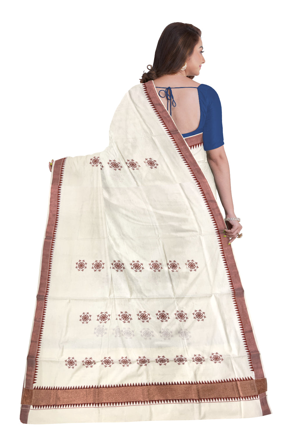 Kerala Pure Cotton Saree with Copper Kasavu Temple Border and Block Prints on Body