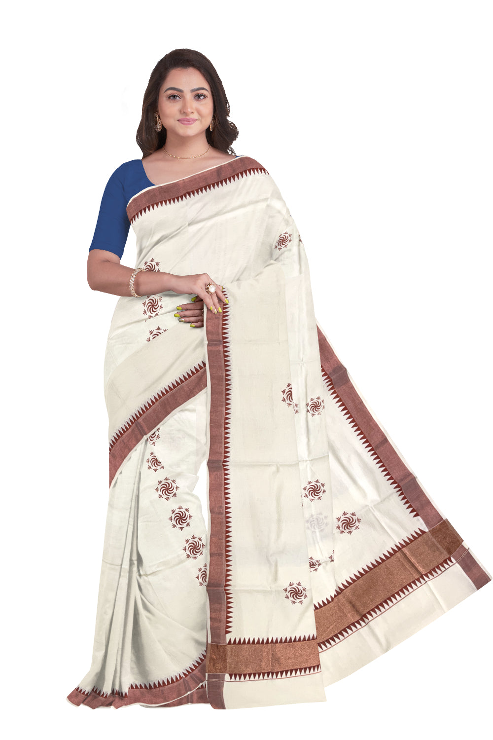 Kerala Pure Cotton Saree with Copper Kasavu Temple Border and Block Prints on Body