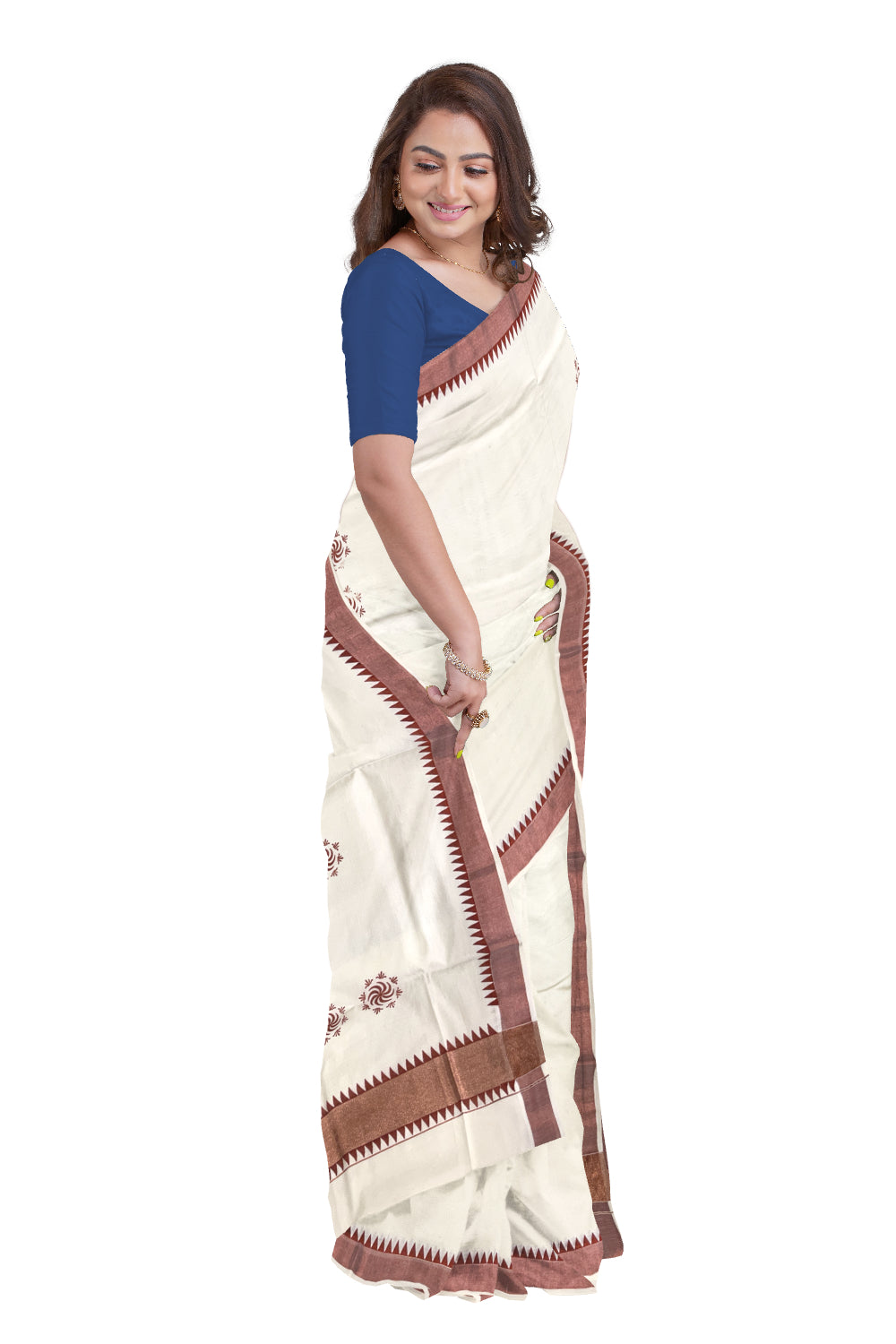 Kerala Pure Cotton Saree with Copper Kasavu Temple Border and Block Prints on Body