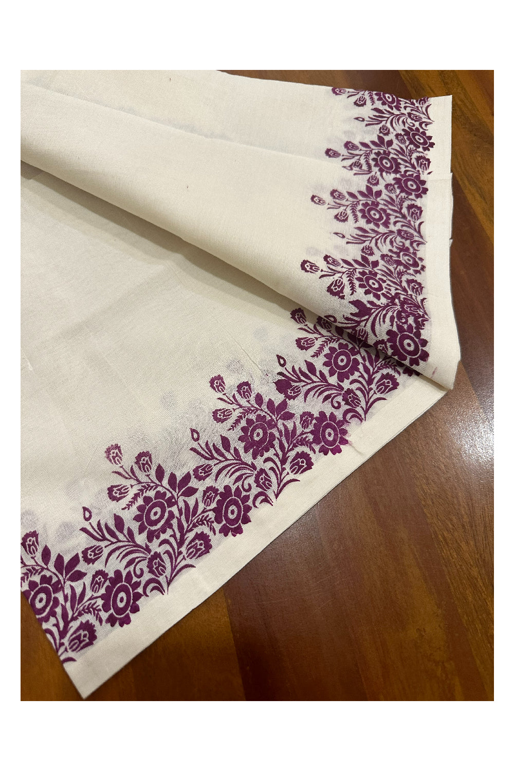 Kerala Cotton Set Mundu (Mundum Neriyathum) with Purple Floral Block Printed Border (Onam Set Mundu 2023)