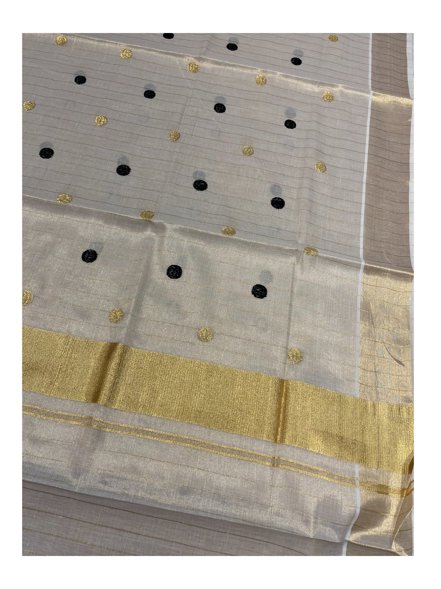 Southloom Kerala Tissue Kasavu Saree with Gold& Black Polka Embroidery Works on Body