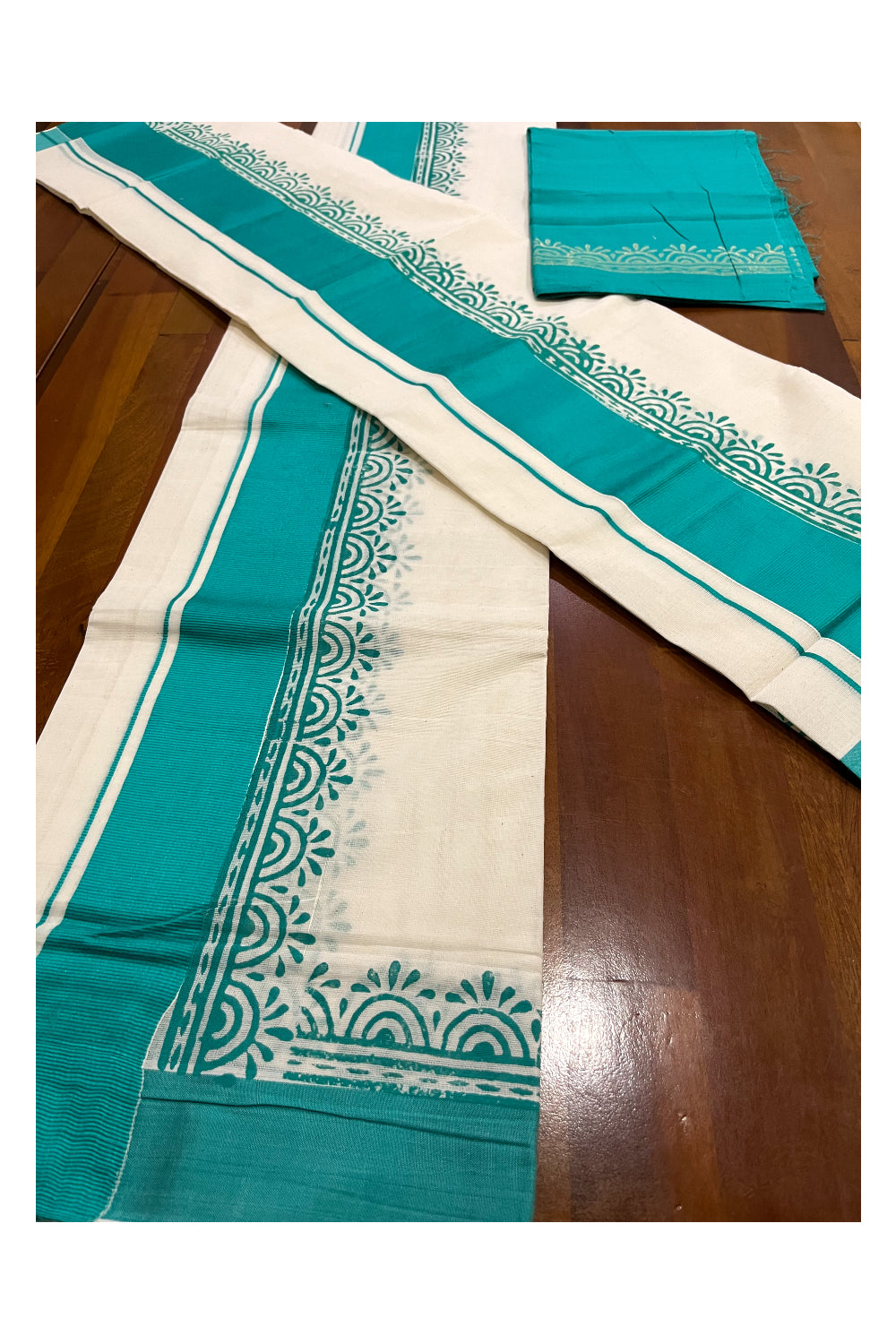 Pure Cotton Kerala Single Set Mundu (Mundum Neriyathum) with Block Printed Border and Turquoise Blouse Piece