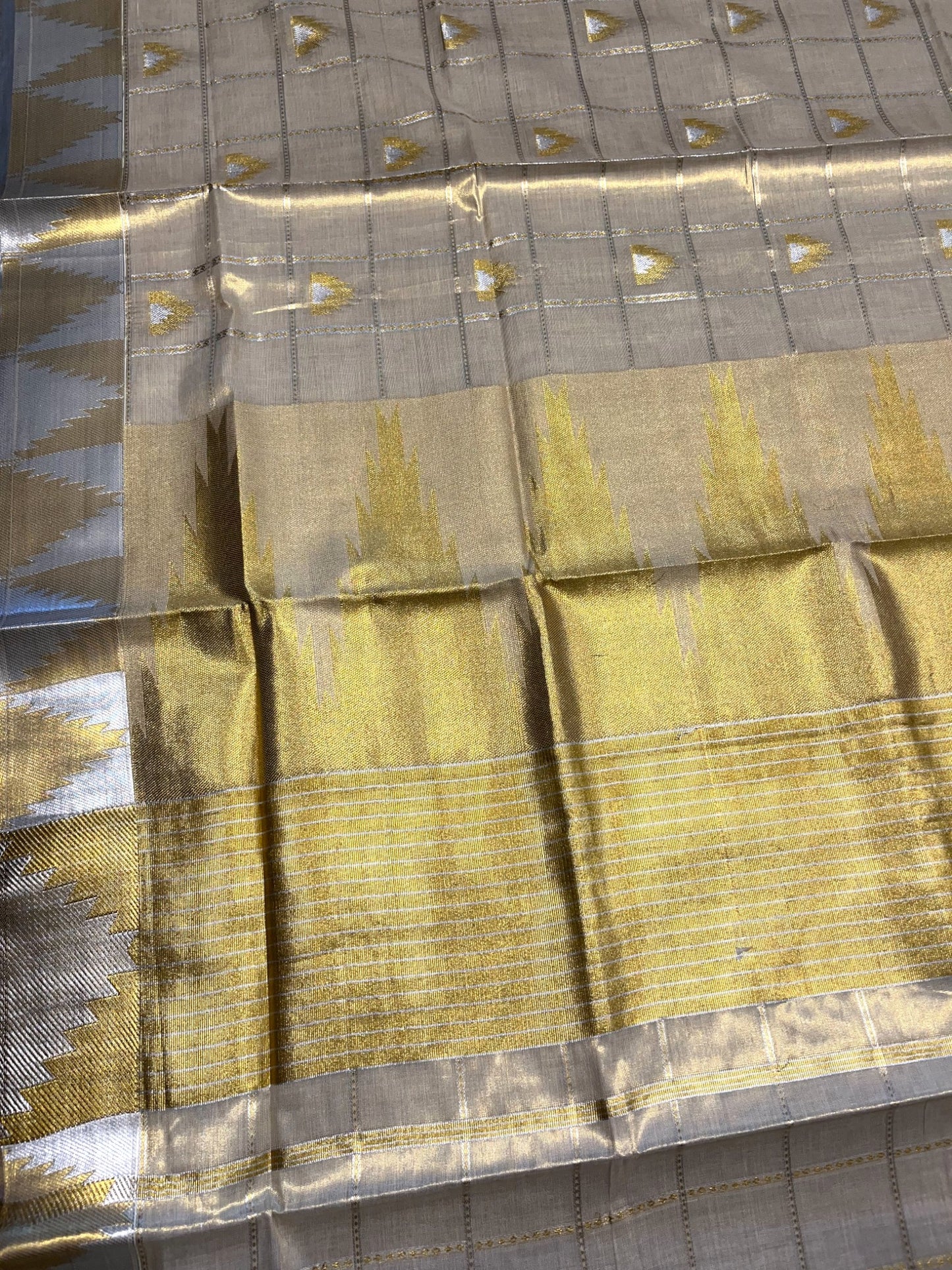 Southloom Kerala Tissue Kasavu Check Saree with Temple Border