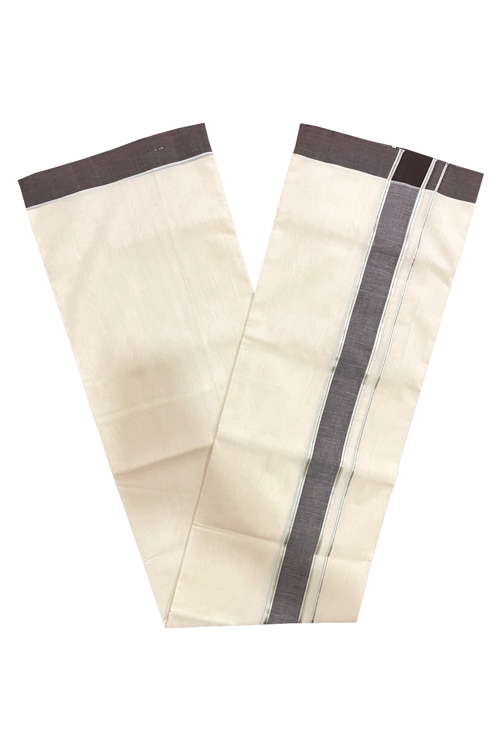 Southloom Premium Balaramapuram Unakkupaavu Handloom Mundu with Dark Brown and Silver Kasavu Border (South Indian Kerala Dhoti)